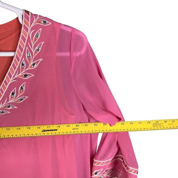 Bob Mackie NWT L Pink Embroidered Chiffon Tunic Embellished Top 3/4 Sleeve Artsy - Picture 10 of 16